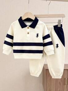 2pcs Autumn Baby Boy Newborn Color Block Striped Long Sleeve Sweatshirt & Pants Set, Apricot Half-Button Front Top, Slightly Elastic, Suitable For Daily Wear, Great Gift - Apricot - View 1