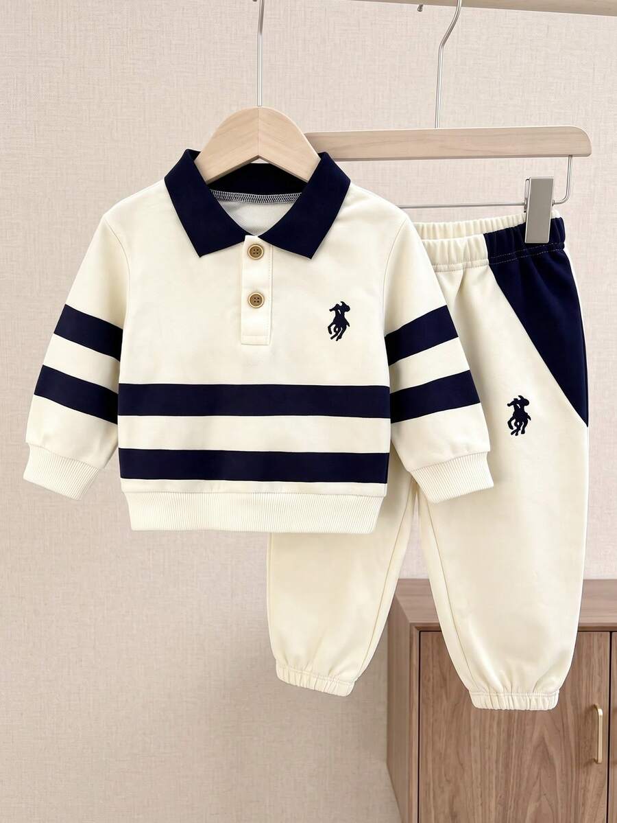 2pcs Autumn Baby Boy Newborn Color Block Striped Long Sleeve Sweatshirt & Pants Set, Apricot Half-Button Front Top, Slightly Elastic, Suitable For Daily Wear, Great Gift - Apricot - View 1
