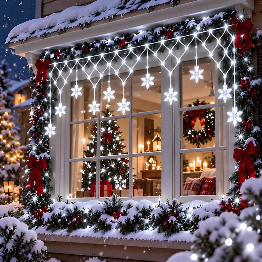 1-Pack USB Snowflake Pendant Triangular Mesh Lights – 8 Modes, Decorative Ambient Lighting For Christmas & New Year Parties; Suitable For Eaves, Railings, And Camping – LED String Lights Perfect For Christmas, Thanksgiving, And Winter Ambiance - Snowflake Triangle Mesh Eave Light - View 1