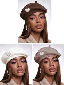 Merlader Style Beret For Women, Autumn And Winter, Heart Pearl Knit Beret Hat, Japanese Retro, Versatile, Face-Slimming, Octagonal Hat, Pumpkin Hat - Multicolor - View 21