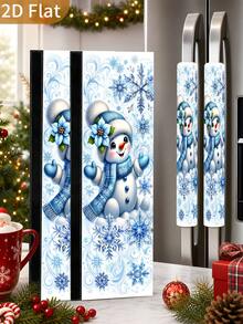 1/2Pcs Christmas Refrigerator Handle Covers, Blue Snowman & Snowflake Pattern, With Hook-And-Loop, Suitable For Refrigerator, Oven, Microwave, Dishwasher, Christmas Holiday Kitchen Decor - View 1
