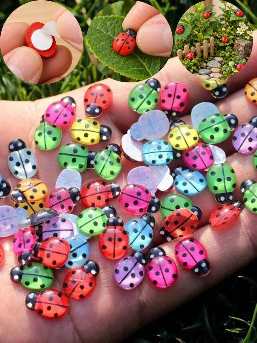 100pcs Mini Red Plastic Resin Ladybug Figurines With Self-Adhesive Stickers, Miniature Landscape Ornaments, Ideal For DIY Crafts, Wedding & Party Decor, Ladybug Outdoor Garden Decor - Ladybug - View 1