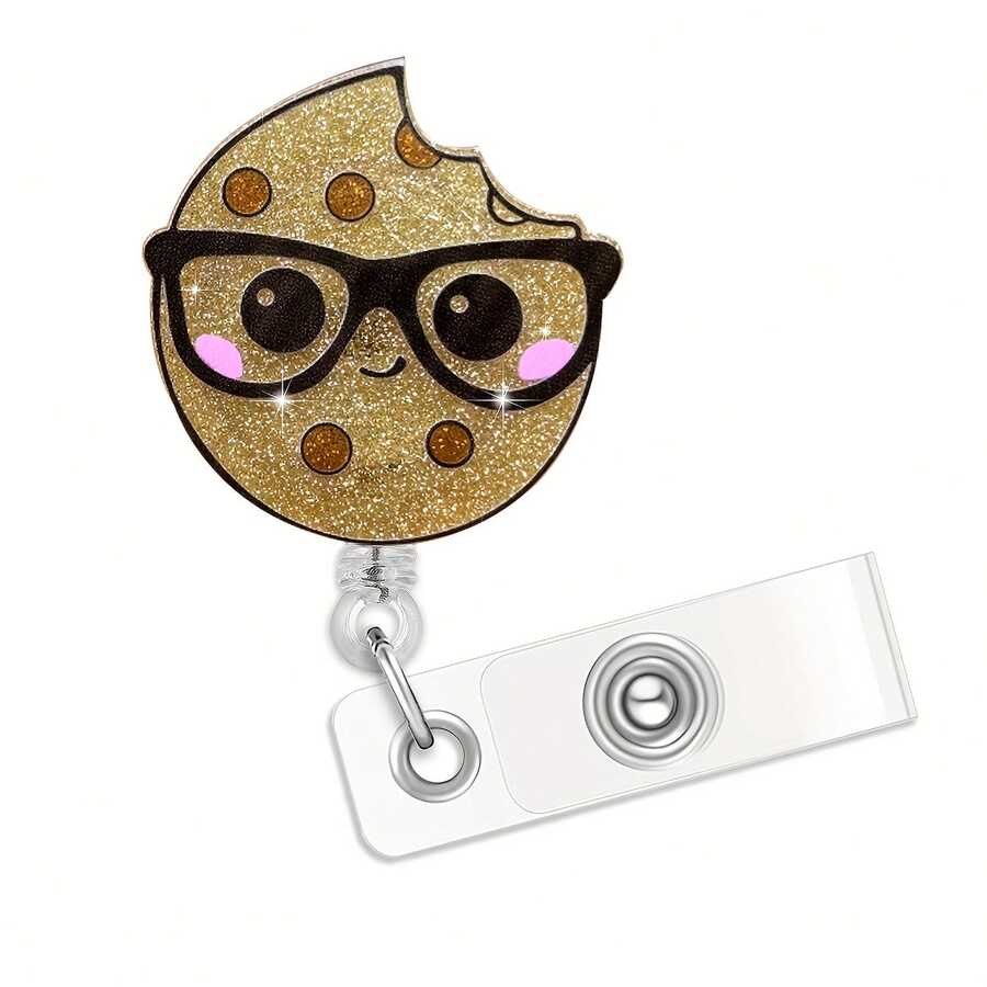 1pc Cookie Badge Reel With Glasses, Acrylic Retractable ID Card Holder, Suitable For Nurses, Doctors, Teachers, Volunteers, Office Workers, Christmas, Valentine's Day - A - View 1