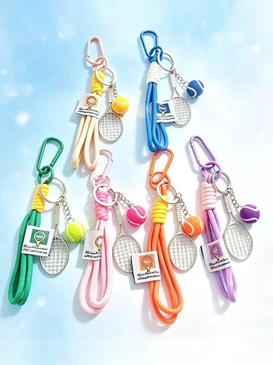 1pcTennis Racket Keychain, Colorful Braided Lanyard, Cute Ins Style Bag Charm, Sporty Key Ring Pendant Gift For Students - Multicolor - View 1