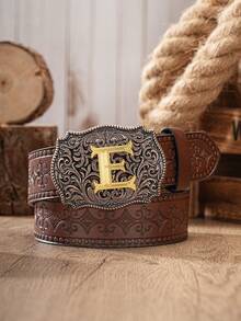 1pc Western Cowboy Style Belt With Letter Embossed Metal Buckle, PU Leather Embossed Belt, Unisex (Includes 1 Hole Puncher) - Coffee Brown - View 15