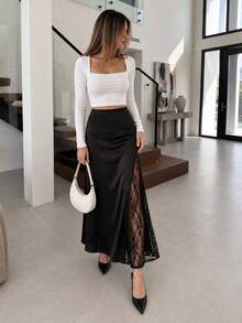 Ladies' Elegant Black Lace Patchwork Hem Long Skirt For Autumn And Winter, Versatile For Daily Wear, Suitable For Daily Commuting And Evening Dates. - Black - View 10
