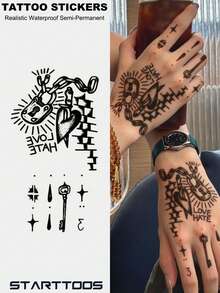 STARTTOOS 1pc Black Old School Heart Lock & Key Pattern Party Gift DIY Holiday Gift Music Festival Temporary Waterproof Tattoo Sticker For Arm, Shoulder, Back - Black - View 1