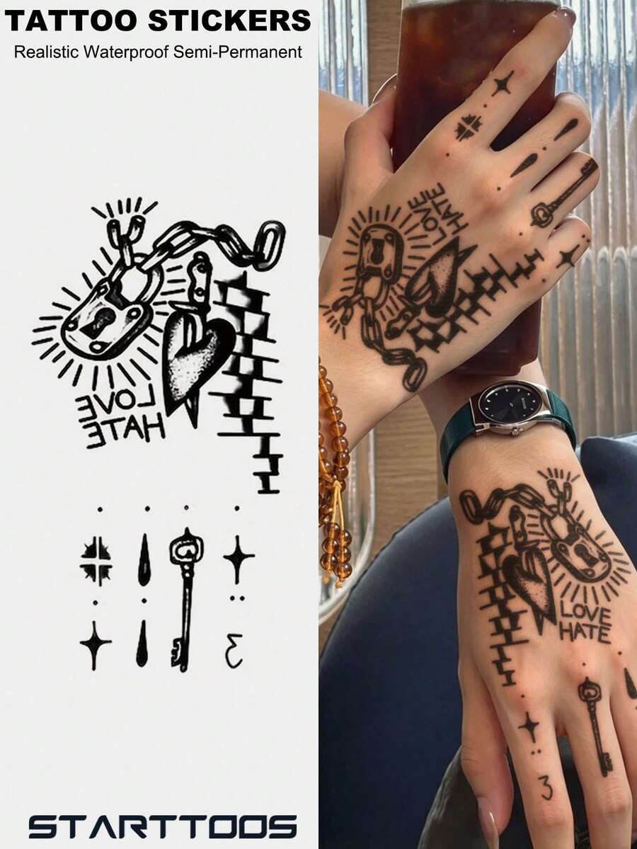 STARTTOOS 1pc Black Old School Heart Lock & Key Pattern Party Gift DIY Holiday Gift Music Festival Temporary Waterproof Tattoo Sticker For Arm, Shoulder, Back - Black - View 1