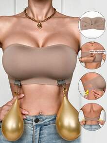 Cross-Strap Bandeau Bra, Seamless Non-Slip Bandeau With Removable Pads, Wire-Free Layering Bra - Khaki - View 2