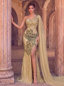 Elegant One-Shoulder Sequin Evening Gown, Side Draping Design, Back Tie, High Slit, Mermaid Tail Hem With Train, Suitable For Red Carpet Events And Black Tie Galas - Champagne - View 2