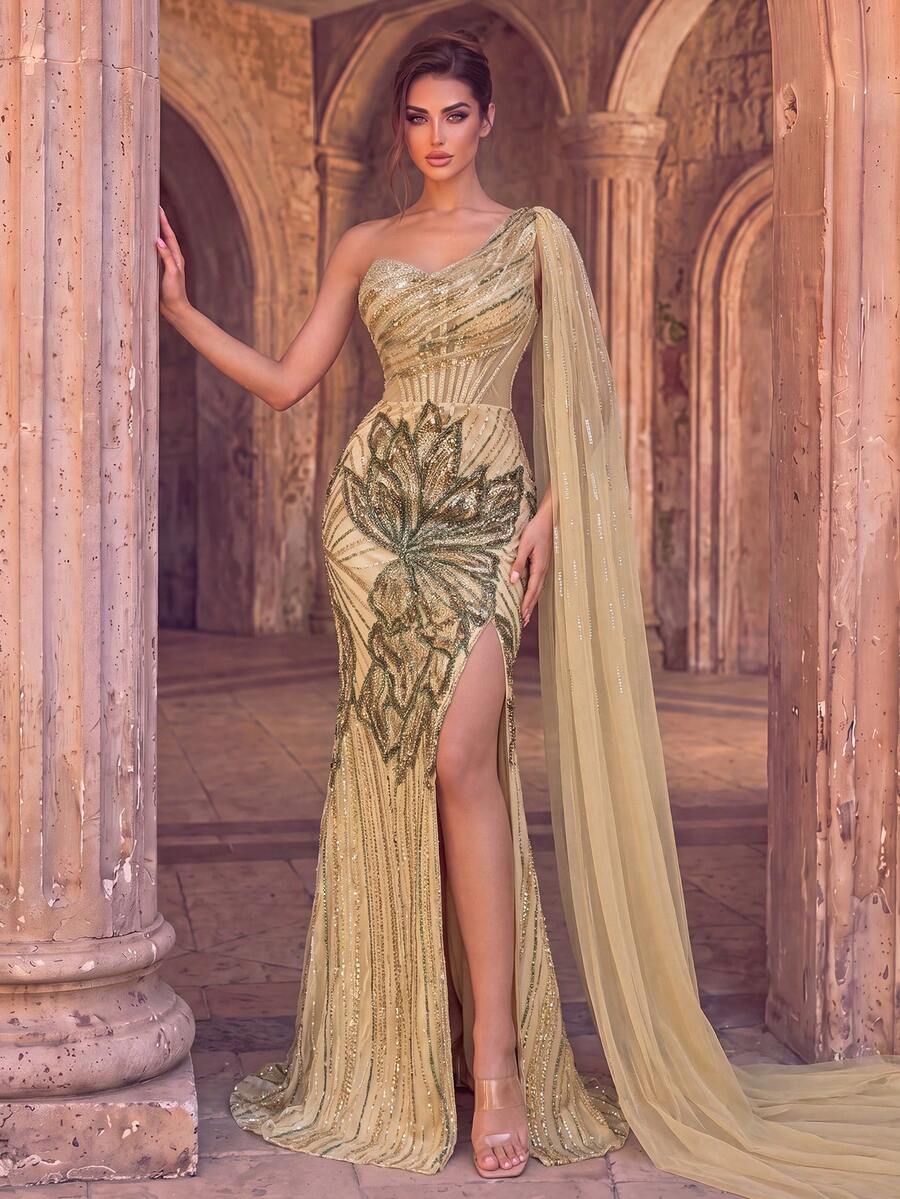 Elegant One-Shoulder Sequin Evening Gown, Side Draping Design, Back Tie, High Slit, Mermaid Tail Hem With Train, Suitable For Red Carpet Events And Black Tie Galas