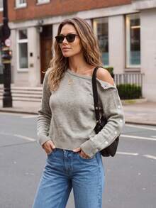 Cold Shoulder Wide Neck Short Knit Sweater, Light Gray Dropped Shoulder Loose Long Sleeve Basic Slouchy - Grey - View 5