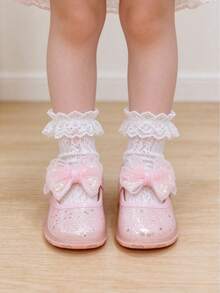 Girls' New Pink Glitter Mary Jane Princess Shoes, Mesh Pearl Bow Hook And Loop Soft Sole Round Toe Shoes, Suitable For Performance, Birthday, Holiday, Party And Daily Wear - Pink - View 3