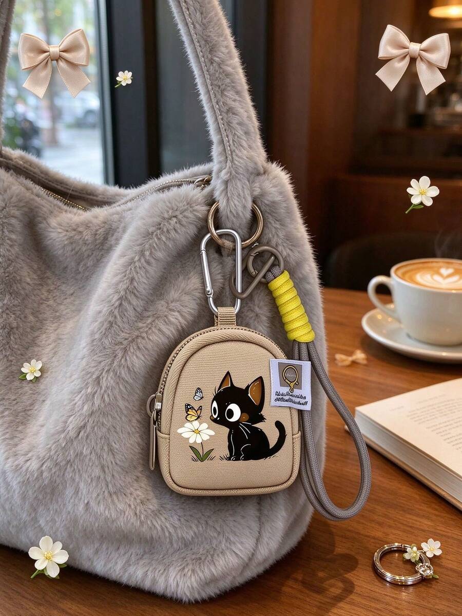 Small Wallet With A Drawstring And Cute Kitten Pattern, Lipstick Bag, Coin Purse, Zipper Credit Card Wallet, Fashionable High-End Wallet, Key Protection Storage Bag, Small Tool Bag, Women's Fashionable Card Bag, Travel And Daily Use, - Multicolor - View 1