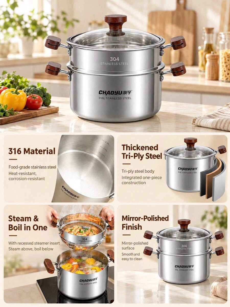 316L Stainless Steel Steamer Pot, Double Layer Steaming And Cooking With Glass Lid, Compatible With Gas Stove And Induction Cooktop, Home Kitchen Frying Stewing Vegetable Soup Pot