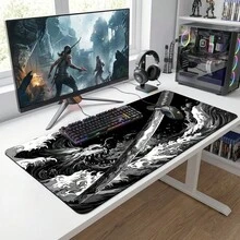 1 قطعة وسادة ماوس بتصميم موجة سوداء وسيف ساموراي ياباني، مخطط ألوان أسود وأبيض، حصيرة سطح مكتب كبيرة، تصميم حافة مخيطة، قاعدة مطاطية مانعة للانزلاق، مناسبة للمكتب المنزلي، حجم اختياري، هدية للصديق/الصديقة - مشاهدة 4