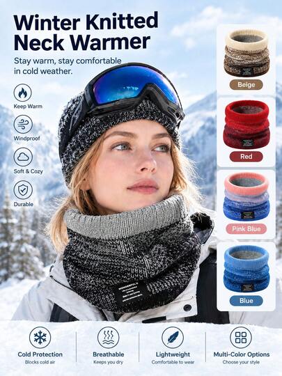 1PC Women's Winter Thick Fleece Lined Knit Neck Gaiter, Warm Versatile Pullover Scarf, Windproof Neck Warmer For Cervical Protection