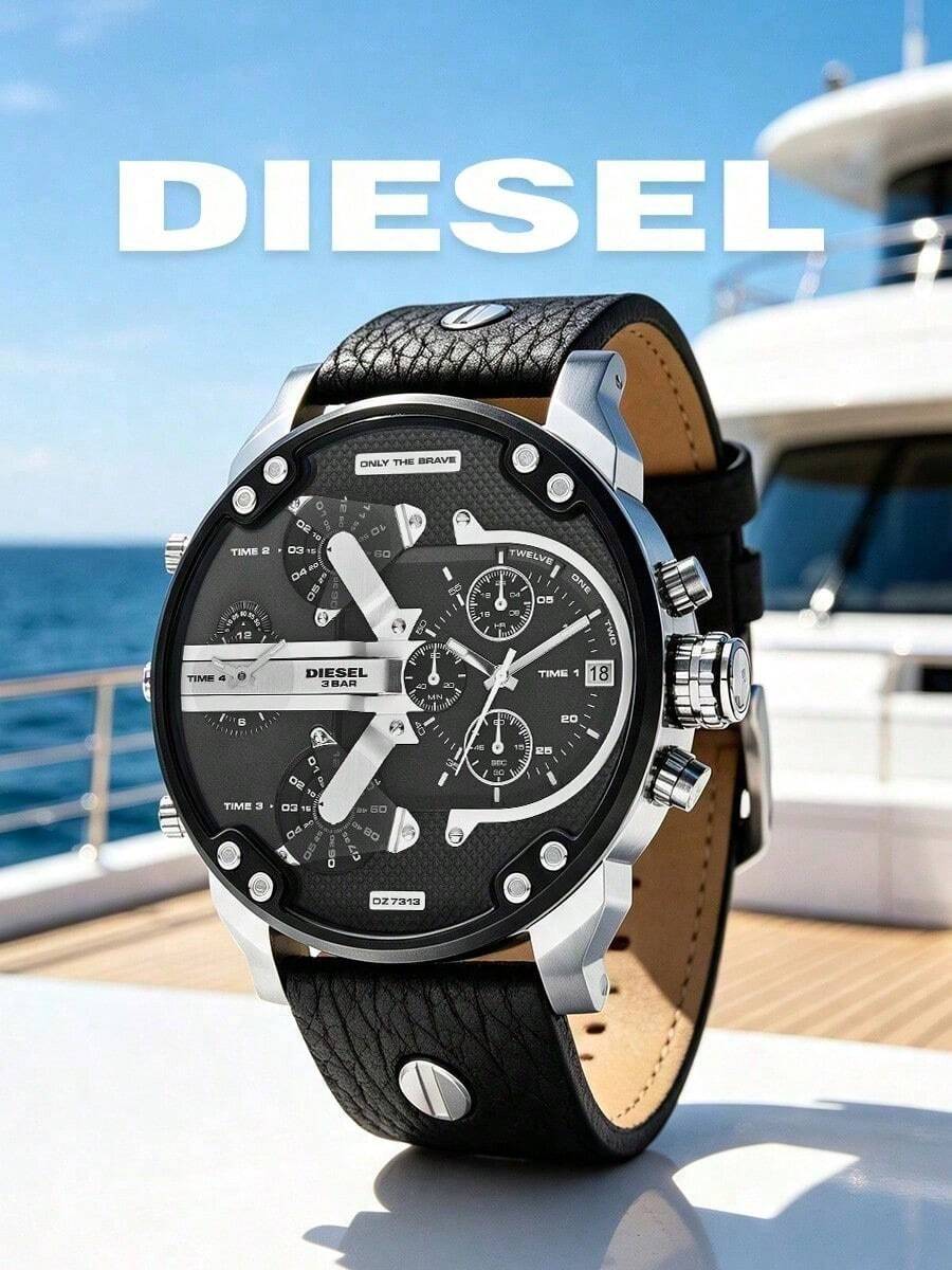 Diesel Mega Chief Multi-Time Zone Chronograph - Silver Case, Black Leather, 3 BAR, Men's Watch + Free Gift Set - Black - View 1