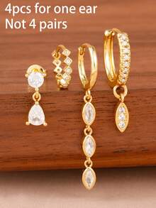 4PCS Light Luxury Water Drop Dangle Earrings Set For Women 18K Gold Plated Irregularity Geometry Zirconia Hoop Earring Aesthetic Jewelry - 4PCS-gold - View 7