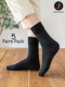 5 Pairs Winter Snow Socks, Fleece Thermal Heat-Locking Floor Socks, Cold-Proof Home Socks For Autumn/Winter - Black - View 5