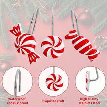 12pcs Christmas Shower Curtain Hooks, Stainless Steel Rust-Proof Red & White Candy Resin Decorative Shower Curtain Rings, Christmas Decor Curtain Hooks - 12pcs Red and White - View 1