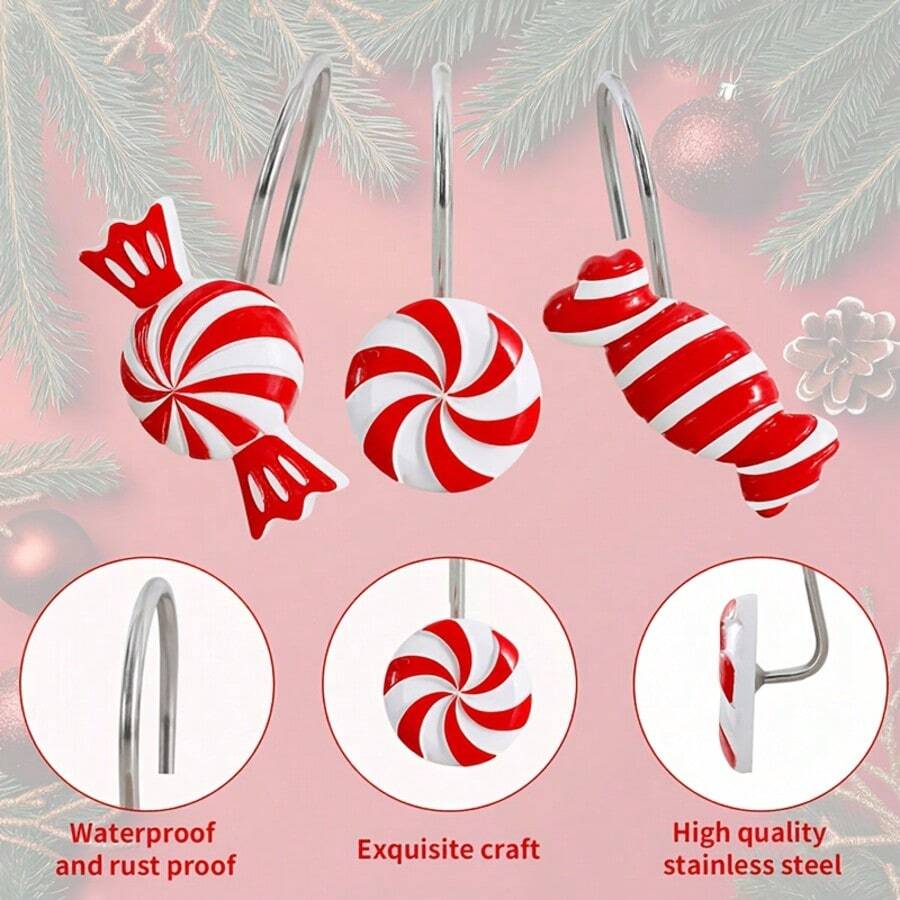 12pcs Christmas Shower Curtain Hooks, Stainless Steel Rust-Proof Red & White Candy Resin Decorative Shower Curtain Rings, Christmas Decor Curtain Hooks - 12pcs Red and White - View 1