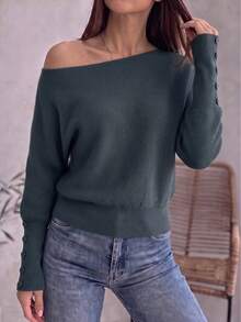 BYGOUBY Autumn/Winter Fashion Women's Cold Shoulder Batwing Sleeve Button Detail Knit Sweater, Casual Soft Comfortable Pullover Top - Grey - View 2