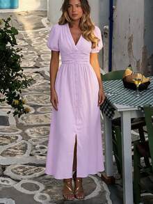 PoPoHouse Women's Solid Color Elegant V-Neck Puff Sleeve Dress, Suitable For Resort Wear, Spring/Summer - Mauve Purple - View 1