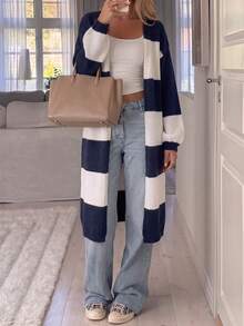 Live To Mo Women's Color Block Striped Hollow Out Long Knit Cardigan, Lantern Sleeve Long Sweater Jacket, Suitable For Autumn Back To School, Daily Casual Outings - Blue and White Stripes - View 1