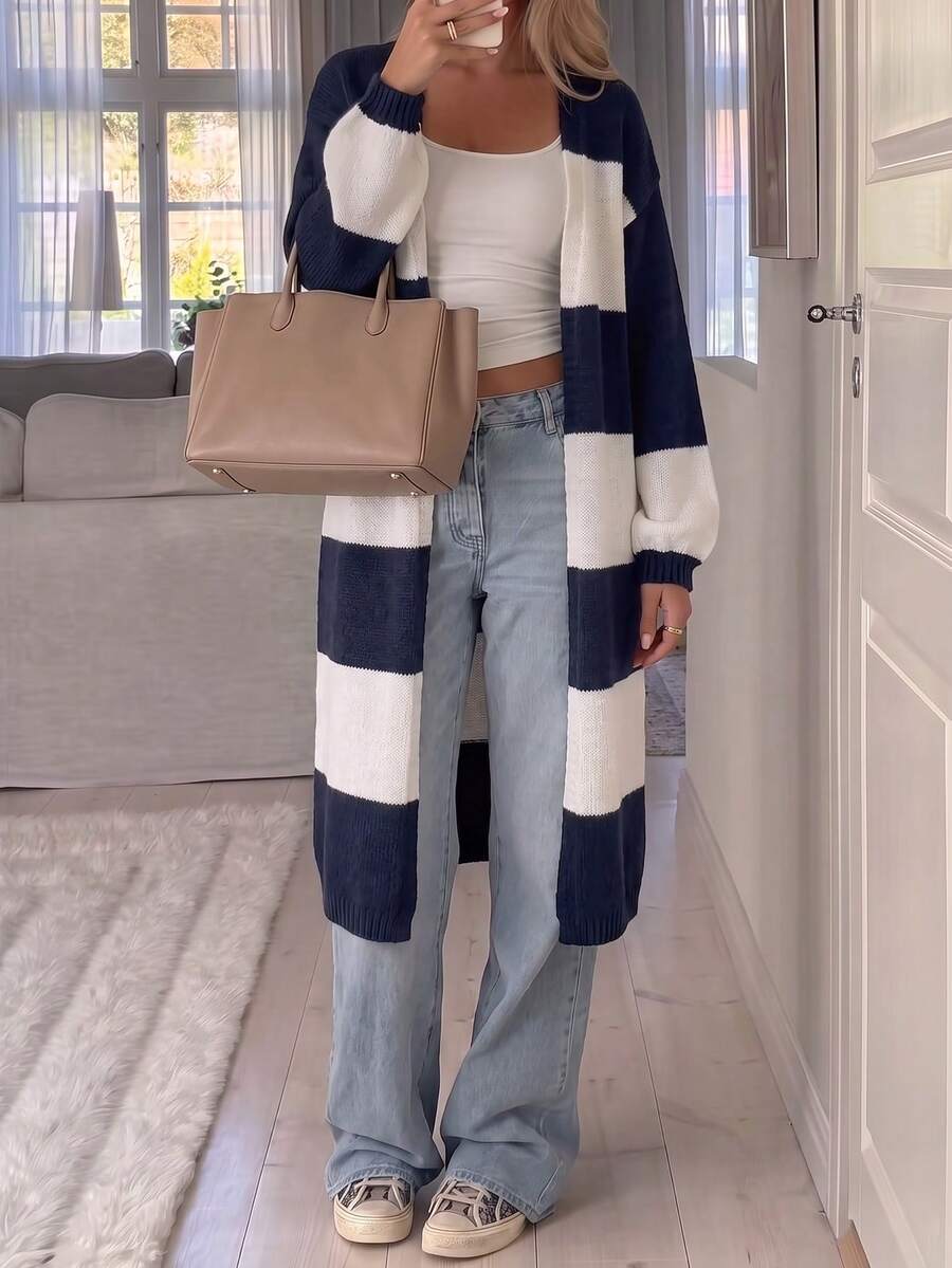Live To Mo Women's Color Block Striped Hollow Out Long Knit Cardigan, Lantern Sleeve Long Sweater Jacket, Suitable For Autumn Back To School, Daily Casual Outings - Blue and White Stripes - View 1