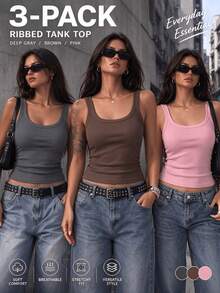 3pcs Women's Crew Neck Ribbed Camisole, Fitted Sleeveless Basic Tank Top For Summer - Multicolor - View 1