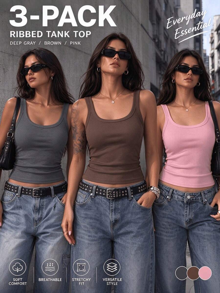 3pcs Women's Crew Neck Ribbed Camisole, Fitted Sleeveless Basic Tank Top For Summer - Multicolor - View 1