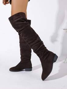Women's Black Ruched Over-The-Knee Boots, Low Chunky Heel Slip-On Tall Boots, Pointed Toe Thigh-High Boots, Suitable For Autumn/Winter Daily Wear - Black - View 4