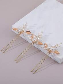 1 buah Set Jepit Rambut Minimalis Buatan Tangan dengan Hiasan Mutiara & Kristal, Cocok untuk Pernikahan Pengantin, Dekorasi Gaya Rambut Sehari-hari, Pesta Foto & Aksesori Rambut Wanita untuk Festival - Emas - View 2
