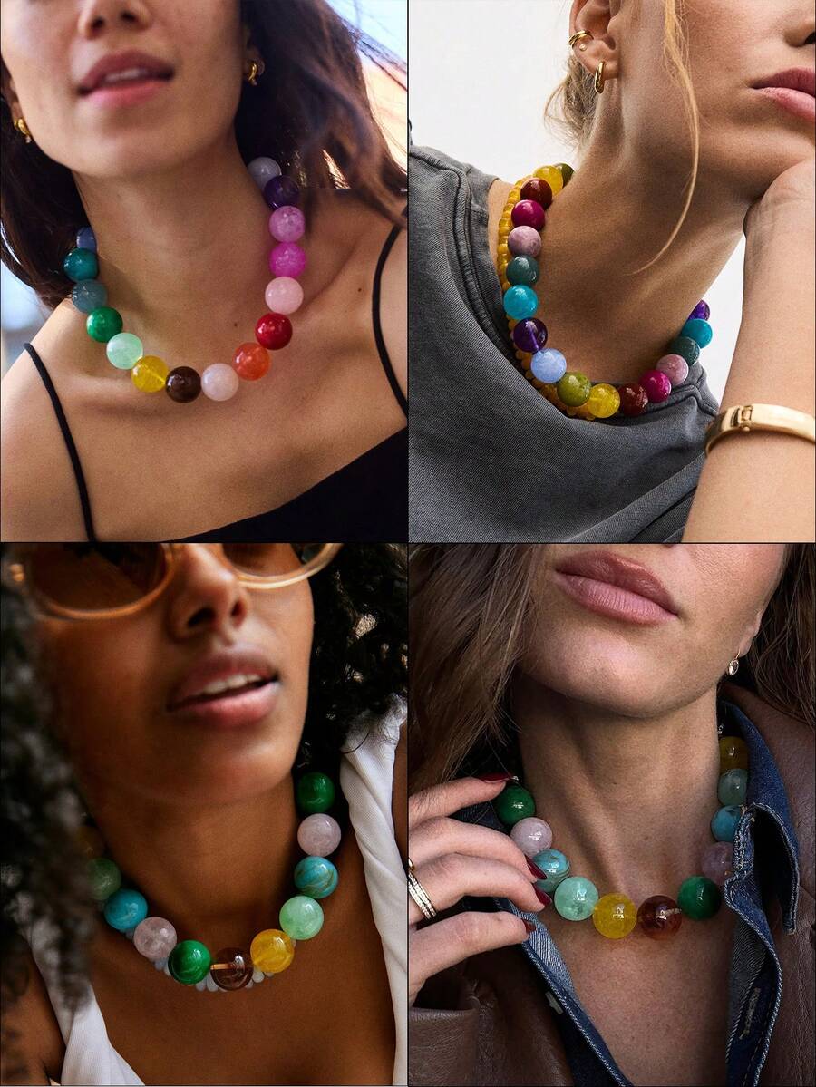 1pc European & American Bohemian Geometric Beaded Exaggerated Mixed Color Beaded Necklace For Women, Summer Beach Vacation - Beaded Necklace - View 1