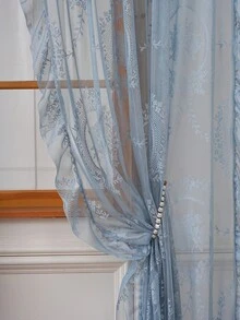 1pc Luxury French Country Style Round Floral Lace Trim Curtain Sheer Partition Curtain Holiday Decoration - Dusty Blue - View 8