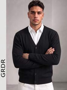 Men's Autumn/Winter Striped Slim Fit Regular Shoulder Cardigan Long Sleeve Sweater - Black - View 4