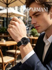 Jam Tangan Quartz Minimalis Pria Armani, Dial Hitam, Tali Kulit Asli, Tahan Air 30m, AR0382 - Perak - View 2
