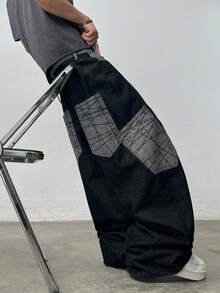 Justice Brother 1pc Korean Street Style Brand Personalized Color Block Patchwork Print Multi-Pocket Men's Black Denim Jeans Fashion Casual Wide Leg Pants Washed Loose Long Pants (Belt/Accessories Not Included) - Black - View 5