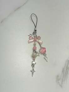1pc Iridescent Pink Bow Phone Charm, Star & Angel Wing Metal Dangle, Faux Pearl Beaded Phone Lanyard For Girls - Multicolor - View 9