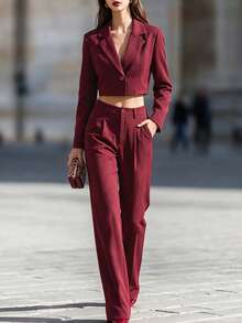 Women's Fashion Burgundy Short Blazer & Pleated Wide Leg Pants Set, Stylish Lapel Button Detail Outfit, Suitable For New Year And Autumn - Burgundy - View 3