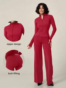 TimeOff Women's One Set Autumn/Winter Solid Color Small Stand Collar Zipper Jacket With Thumb Holes And Side Pockets, Flared Pants - Red - View 11