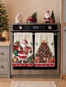 2PCS Kitchen Towel, Christmas Santa Claus & Christmas Tree Pattern Kitchen Towel Dish Cloth, American Vintage Style 40*60cm Rectangular Soft Microfiber Cleaning Kitchen Towel, Perfect For Kitchen, Dining Room And Bathroom Use, Kitchen Decor, Home Decor, Neighbor Housewarming Gift, Dish Cloth - Multicolor - View 6