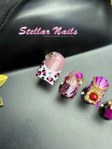 10pcs Short Square Leopard Zebra Print Gem Rhinestone Handmade Fully Covered Press On Nails, Purple French Fall&Winter Removable Fake Nails, Suitable For Party, Dance, Daily Wear, Student Party, Cosplay, With Jelly Glue & Nail File, Luxury Y2K Style - Purple - View 6