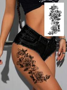 1pc Y2K Style Rose Tattoo Sticker, Black Floral Print, Disposable Temporary Tattoo, Gothic Style Temporary Tattoo Sticker, Waterproof And Sweat-Resistant, Washable, Non-Reflective, Simulates Tattoo Effect On Arms, Legs, Shoulders, Chest, Back, Suitable For Fashion-Forward People, Lasts 3 To 5 Days - Black - View 2