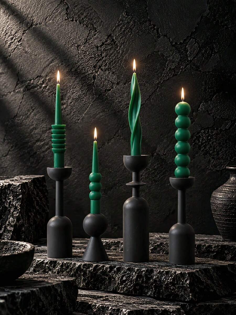 1pc Dark Green Long Taper Candle, Spiral Wave Artistic Design, Multiple Designs Available, Suitable For Christmas Home Decor, Holidays, Autumn Home Decoration, Wedding Decor, Candlelight Dinner, Party, Living Room Tabletop Display And Holiday Gifts - Multiple Styles - View 1