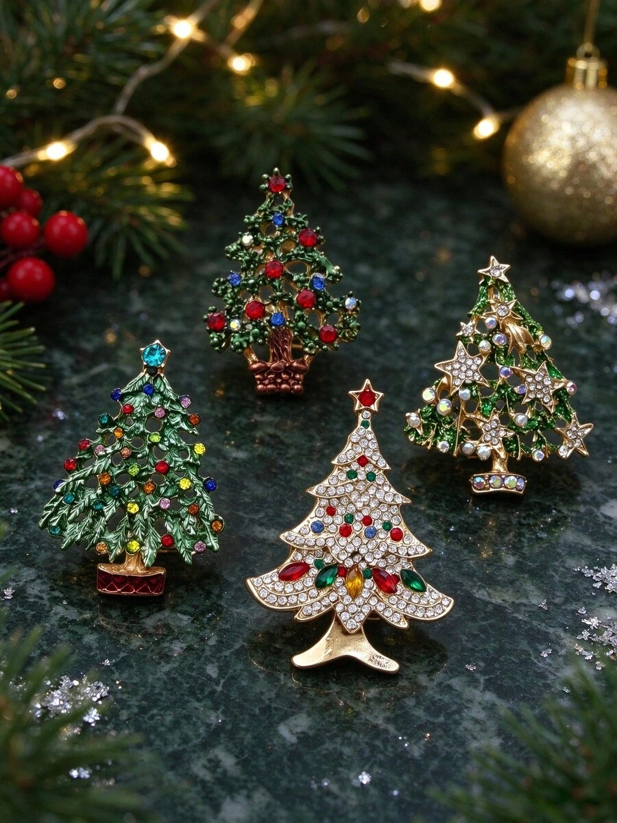1pc Vintage Rhinestone Christmas Tree Brooch Set, Enamel Xmas Lapel Pins Holiday Costume Jewelry Gift - Multicolor - View 1