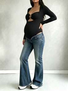 Parara Maternity Long Sleeve Bodysuit, Queen Anne Neckline, Ring Detail, Medium Stretch Fabric - Black - View 7