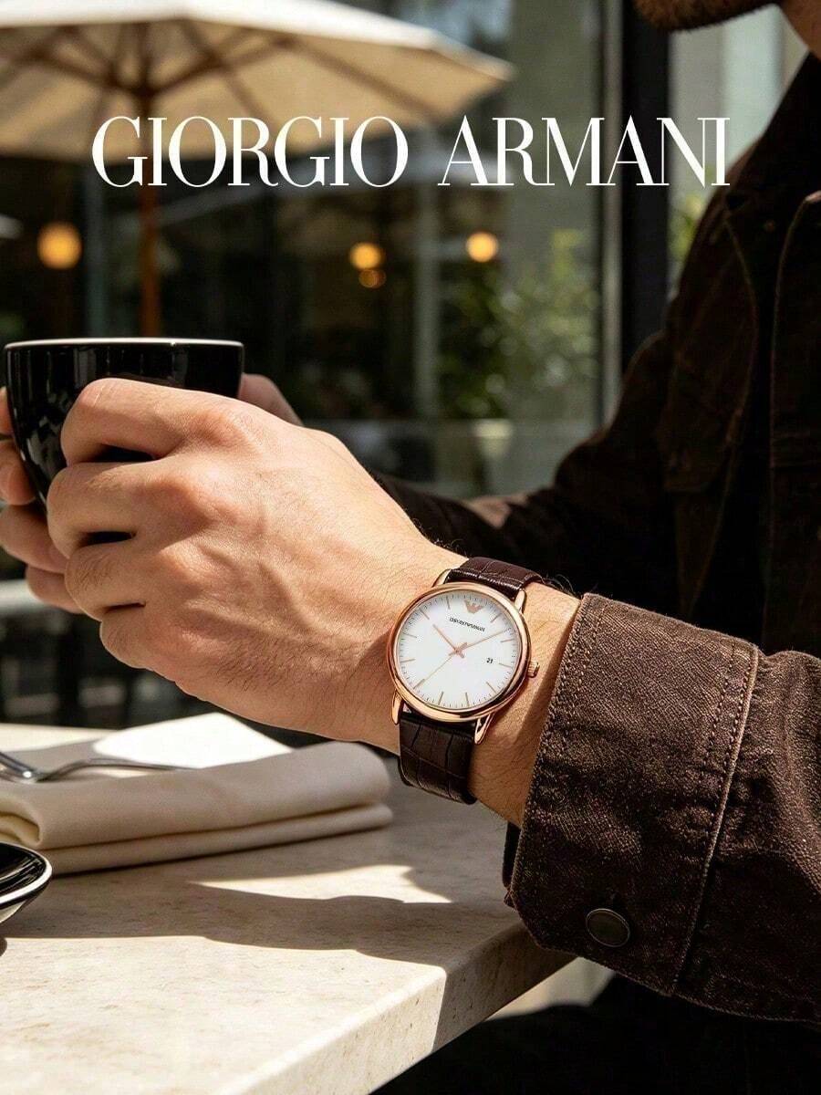 Armani Men's Quartz Watch, White Dial, Rose Gold Case, Brown Leather Strap, 50m Water Resistant AR2502 - Rose Gold - View 1