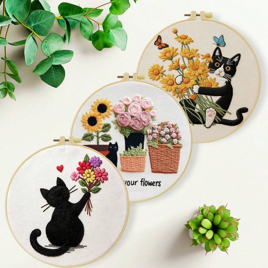 15*15cm/5.9*5.9in 20*20cm/7.9*7.9in,Happy Cats Embroidery Kit, DIY Handmade Embroidery Set For Adult Beginners, Home Gift, Women's Sewing Gift, Including User Manual, Printed Pattern Fabric, Embroidery Frame, Needle And Thread.